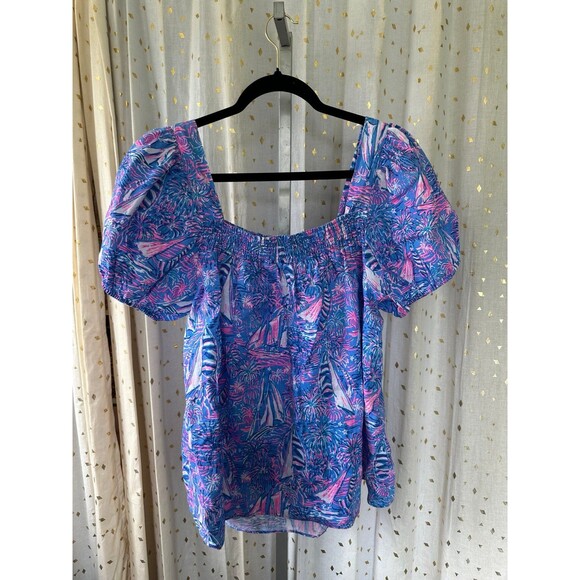 NWOT Lilly Pulitzer 100% Linen Keating Smocked Short Puff Sleeve Peasant Top 16 - Picture 5 of 8